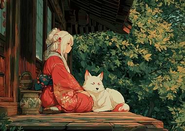 Anime Girl with Fox on Porch