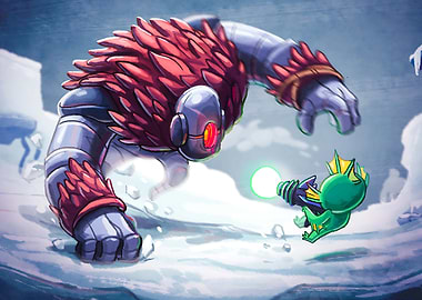 Robot vs Green Creature in Snowy Landscape