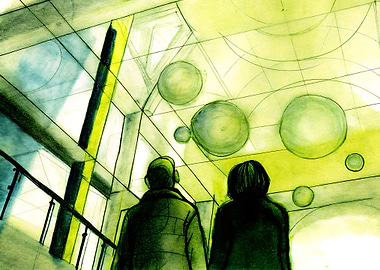 Abstract Watercolor: People Gazing at Ceiling