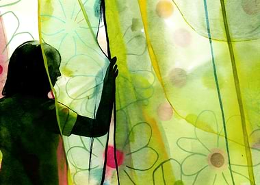 Silhouette Behind Floral Curtain