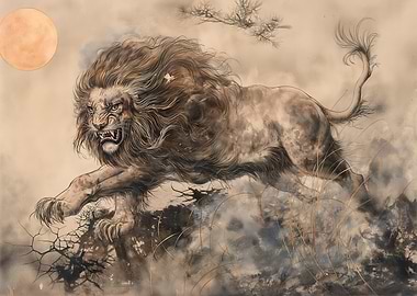 Legendary Lion in Yoshitaka Amano Style – Japanese Fantasy Ink Illustration