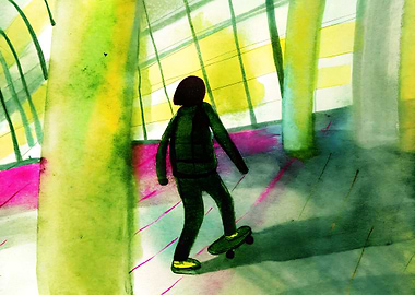 Skateboarder in Abstract Watercolor Setting