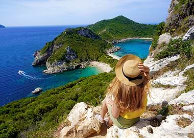 Woman with hat overlooking turquoise bay in Corfu, Greece