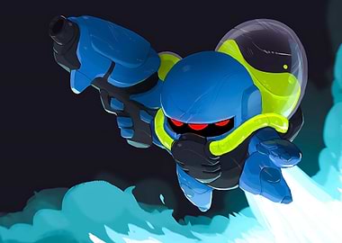 Blue Robot Flying with Gun