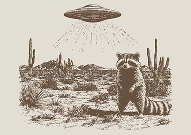 Raccoon and UFO in Desert Landscape