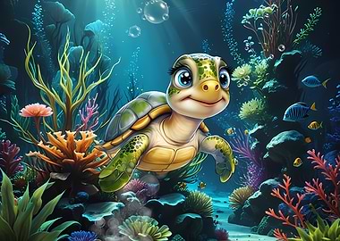 Cartoon Turtle in Coral Reef