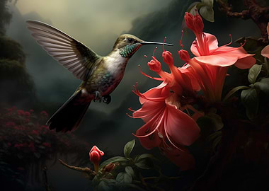 Hummingbird Feeding in Lush Fantasy Forest