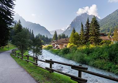 Mountain Avisio River Landscape with Wooden Fence