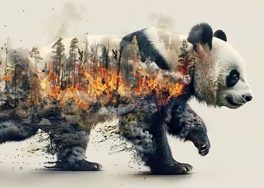 Panda and Forest Fire Double Exposure