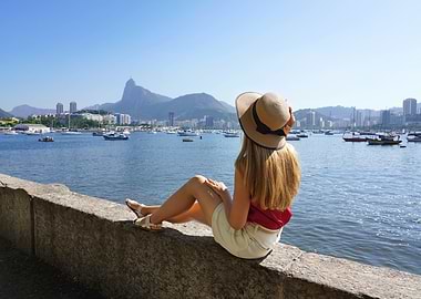 Woman with hat overlooking Rio de Janeiro, Brazil