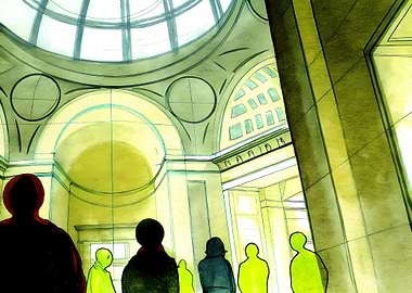 Architectural Interior with Silhouetted Figures