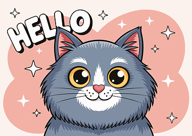 Cute Cartoon Cat with Hello Text