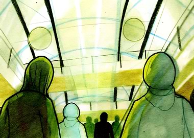 People in a modern tunnel