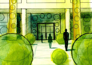 Architectural rendering with figures and greenery