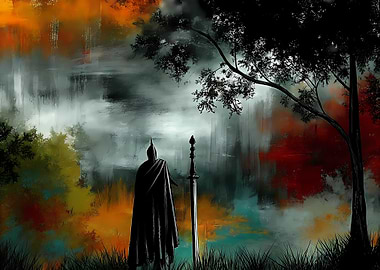 Warrior and Sword in Misty Landscape