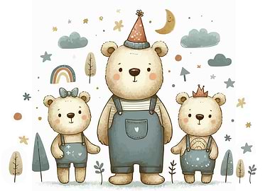 Three Cute Watercolor Bears Illustration