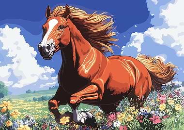 Running Horse in a Flower Field