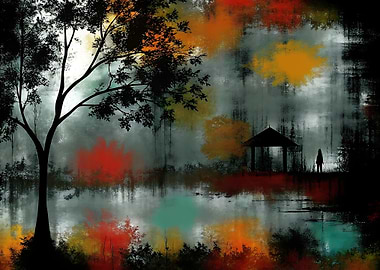 Abstract Lakeside Scene with Figure