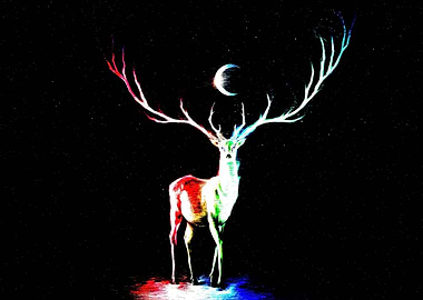 Rainbow Deer Under Crescent Moon