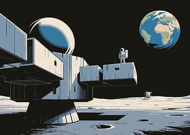 Astronaut on Moon Base with Earth