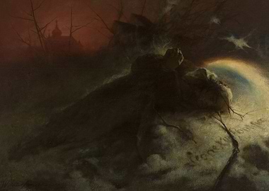 Dark Romantic Landscape with Rainbow