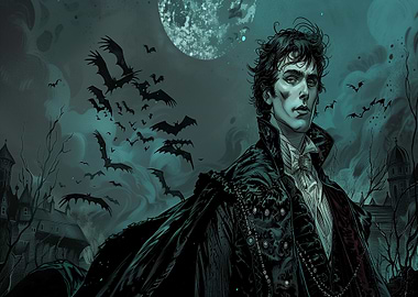 Vampire Portrait with Bats and Moon