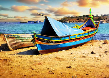 Luzzu on a Sandy Beach in Malta