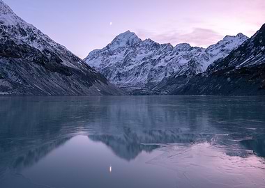 Snowy Mountains Reflecting in Frozen Lake