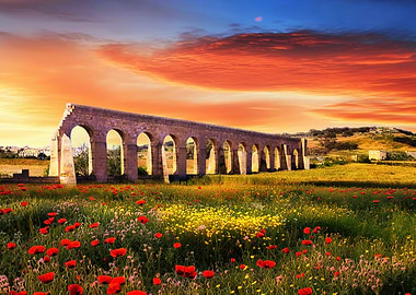 Aqueduct in Gozo in a Field of Flowers at Sunset in Malta