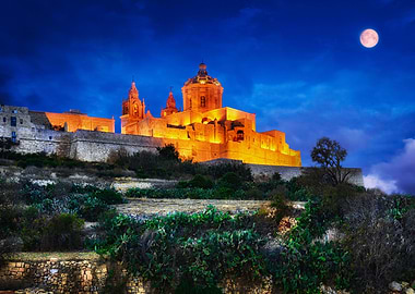 Mdina in Malta at Night with Moon