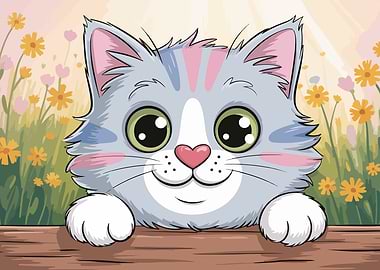 Cute Cartoon Cat in Flower Field