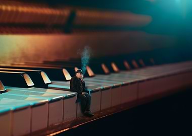 Miniature man smoking on piano keys
