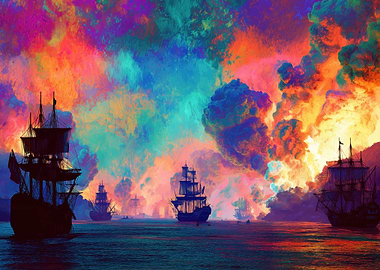 Colorful Naval Battle with Sailing Ships
