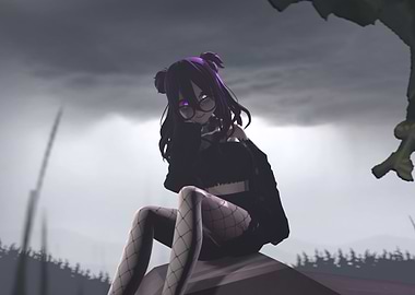 Anime Girl in Dark Landscape