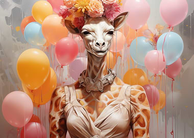 Giraffe in Dress with Balloons
