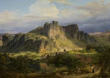 Romantic Landscape Painting with Mountain and Lake