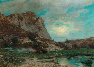 Mountainous Landscape with Campfire Painting