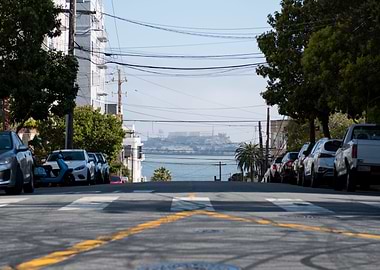 San Francisco street view with Alcatraz