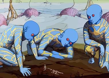 Blue Aliens Examining Tiny Humans