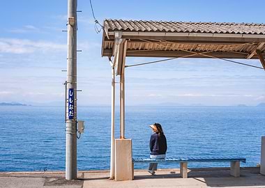 Seaside train station in Shikoku, Japan