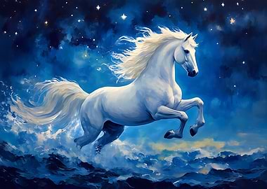 White Horse in Starry Night Sky
