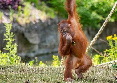 Baby Orangutan Hanging on Rope
