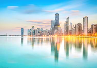 Chicago Skyline Reflection at Dawn