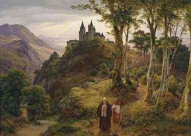 Monks Walking Towards Castle Painting