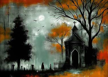 Spooky Graveyard Scene with Mausoleum
