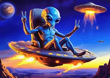 Alien in UFO giving peace sign