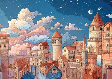 Whimsical Cityscape Starry Sky