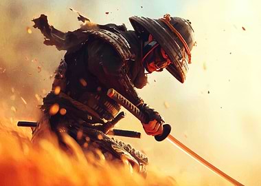 Samurai Warrior in Fiery Battle