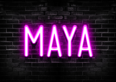 MAYA Neon Sign on Brick Wall