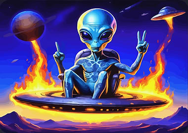 Alien Peace Sign on Flaming Spaceship